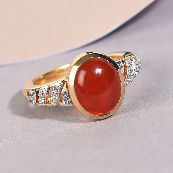 Mexikanischer Kirschfeuer-Opal und Zirkon Ring 925 Silber vergoldet  ca. 2,28 ct image number 2