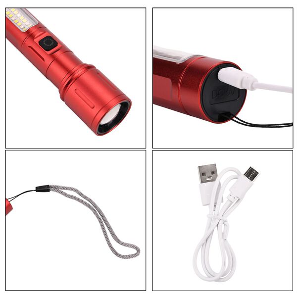LIVMORE 6 in 1 LED-Taschenlampen aus Metall mit SOS Funktion, wiederaufladbar, 14x3,5 cm, Rot image number 5
