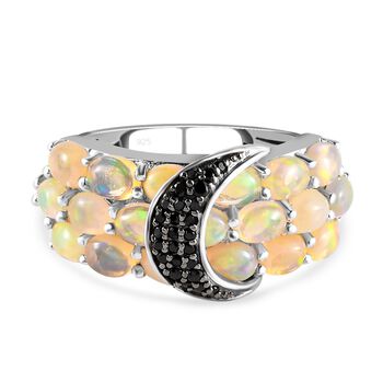 Nat&uuml;rlicher &Auml;thiopischer Opal und schwarzer Spinell Ring 925 Silber platiniert