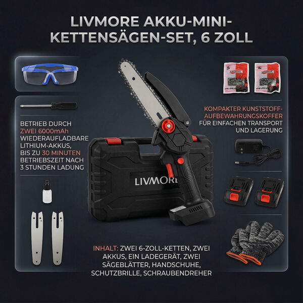 Electric saw 6 inches Rated voltage :21v Motor speed: 20,000 RPM Motor power :180W Battery disassembly: Yes Switch method: Safety button Switch interface type :DC Input voltage :1A Power supply mode: Lithium battery Battery capacity :24VH 6000mah- Charge image number 5