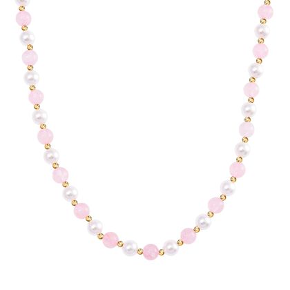 Rosenquarz, Wei&szlig;e Muschelkernperle (7-9 mm) Halskette ca. 45 cm+ 5 cm Extender gelb vergoldet