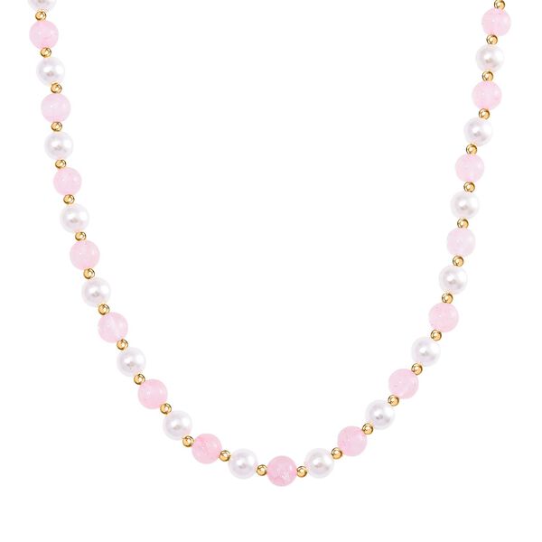 Rosenquarz, Wei&szlig;e Muschelkernperle (7-9 mm) Halskette ca. 45 cm+ 5 cm Extender gelb vergoldet image number 0