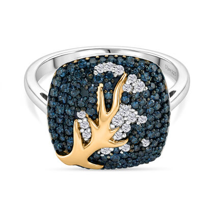 D'Joy Blauer Diamant, Wei&szlig;er Diamant Ring 925 Silber Rhodiniert und 750 Gelbgold Vermeil (Gr&ouml;&szlig;e 20.00) ca. 1.00 ct