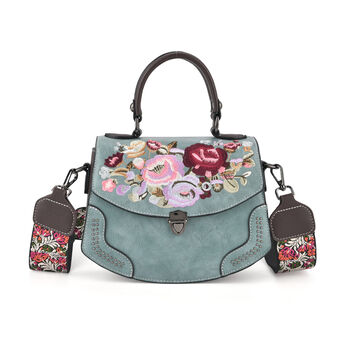Kompakte Kunstprint Crossbody Tasche mit floralem Design, 23x9x17cm, Petrol