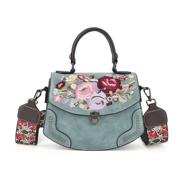 Kompakte Kunstprint Crossbody Tasche mit floralem Design, 23x9x17cm, Petrol
