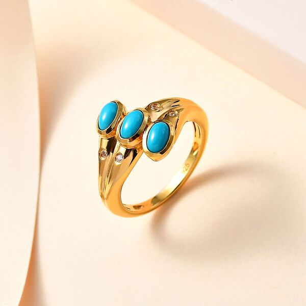 Amerikanischer, nat&uuml;rlicher Sleeping Beauty T&uuml;rkis, Wei&szlig;er Zirkon Ring, 925 Silber Gelbgold Vermeil (Gr&ouml;&szlig;e 18.00) ca. 0.93 ct image number 2