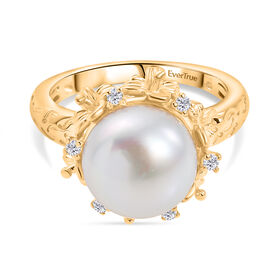 Süßwasser Perle, Weißer Zirkon Ring, Messing, ca. 9.5 mm, (Größe 17.00)