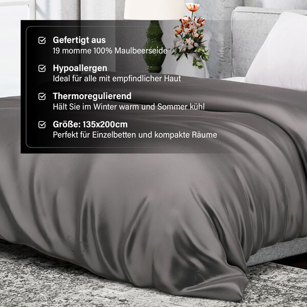 Serenity Night - 100% Maulbeerseide Sommerseidendecke mit Seidenf&uuml;llung Daunenkissen und Seidenkissenbezug Grau image number 13