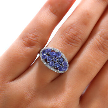 Tansanit und Zirkon Cluster Ring 925 Silber platiniert  ca. 2,03 ct