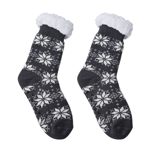 2er-Set - Rutschfeste Haussocken mit Sherpafutter, Schneeflockenmuster, Einheitsgr&ouml;&szlig;e, Schwarz-Wei&szlig; und Grau-Wei&szlig; image number 2