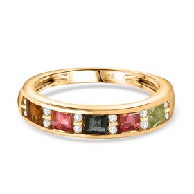 AA Mehrfarbiger-Turmalin, Weißer Zirkon Ring, 925 Silber, 750 Gelbgold Vermeil (Größe 19.00) ca. 0.95 ct
