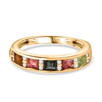 AA Mehrfarbiger-Turmalin, Wei&szlig;er Zirkon Ring, 925 Silber, 750 Gelbgold Vermeil (Gr&ouml;&szlig;e 19.00) ca. 0.95 ct
