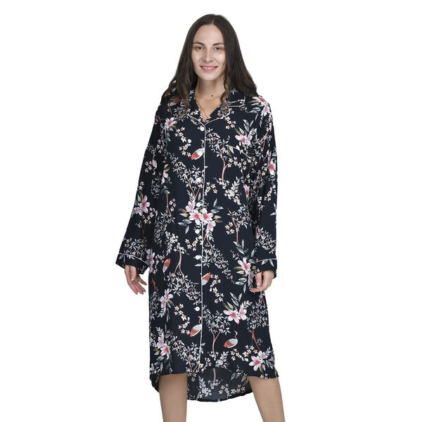 LA MAREY langes Nachthemd, Blumenmuster, Einheitsgr&ouml;&szlig;e Schwarz