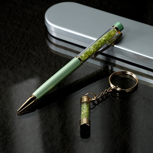 Premium Kollektion - Echter Peridot-Kugelschreiber mit extra Mine und Schl&uuml;sselanh&auml;nger image number 2