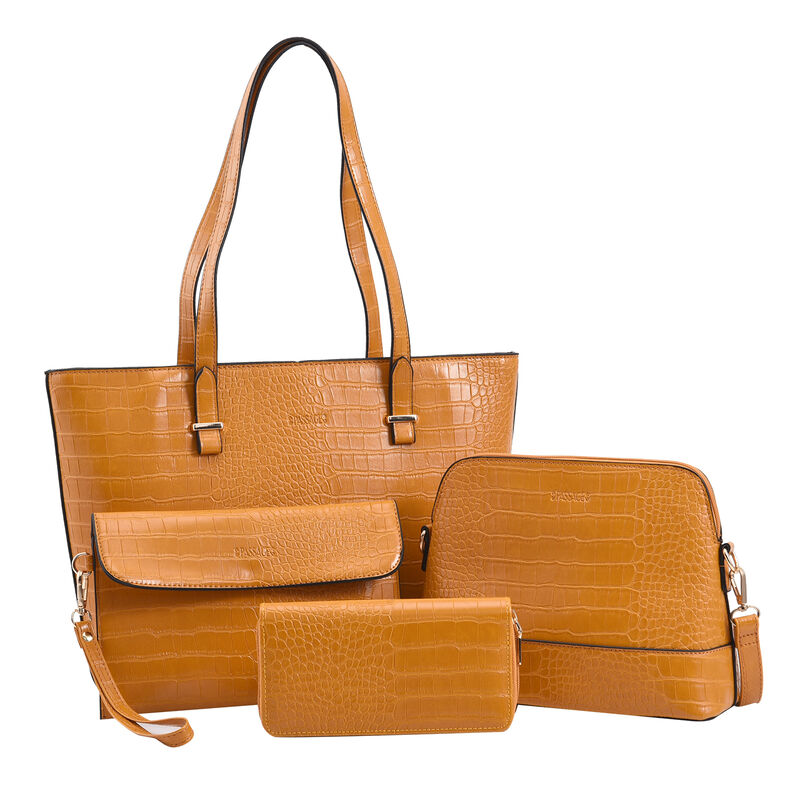 Passage - 4er-Set Handtaschen mit Krokodilprägung; enthält Schultertasche, Cross Body Bag, Clutch Bag und Portemonnaie, gelb image number 0