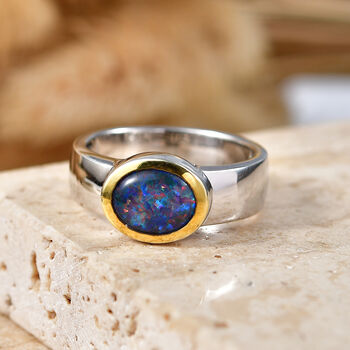 D'Joy AAA Boulder Opal Triplette Ring 925 Silber Rhodiniert und 750 Gelbgold Vermeil (Gr&ouml;&szlig;e 17.00) ca. 1,22 ct