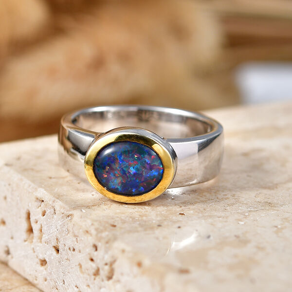 D'Joy AAA Boulder Opal Triplette Ring 925 Silber Rhodiniert und 750 Gelbgold Vermeil (Gr&ouml;&szlig;e 17.00) ca. 1,22 ct image number 1