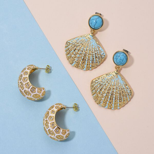 2er Set - Blauer Howlith und Wei&szlig;er Kristall Ohrringe, emailliert, goldfarben image number 2