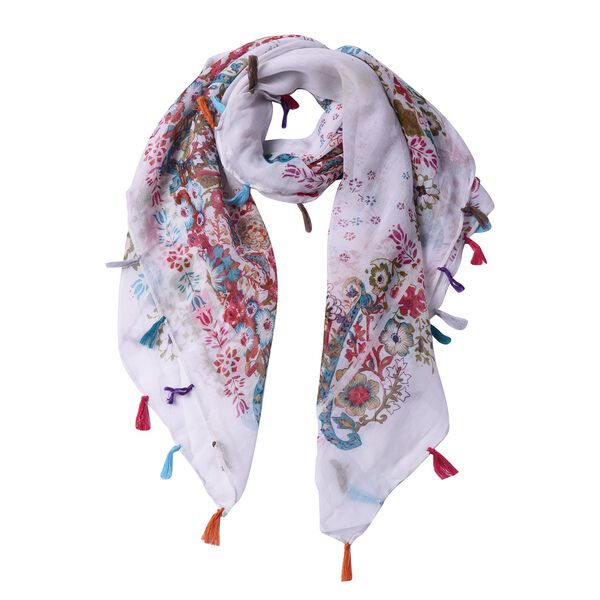 Bedruckter Schal mit Quasten, 100x95 cm, Wei&szlig; image number 3