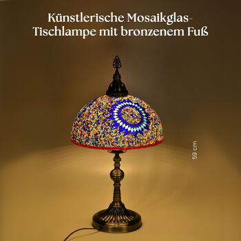 K&uuml;nstlerische Mosaikglas-Tischlampe mit Bronzefu&szlig;, Gr&ouml;&szlig;e 59cm, mehrfarbig