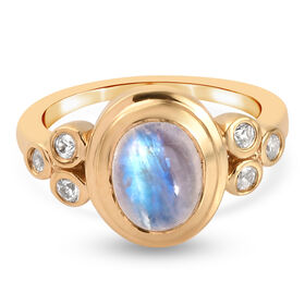 Regenbogen Mondstein und Zirkon-Ring, 925 Silber vergoldet  ca. 2,46 ct