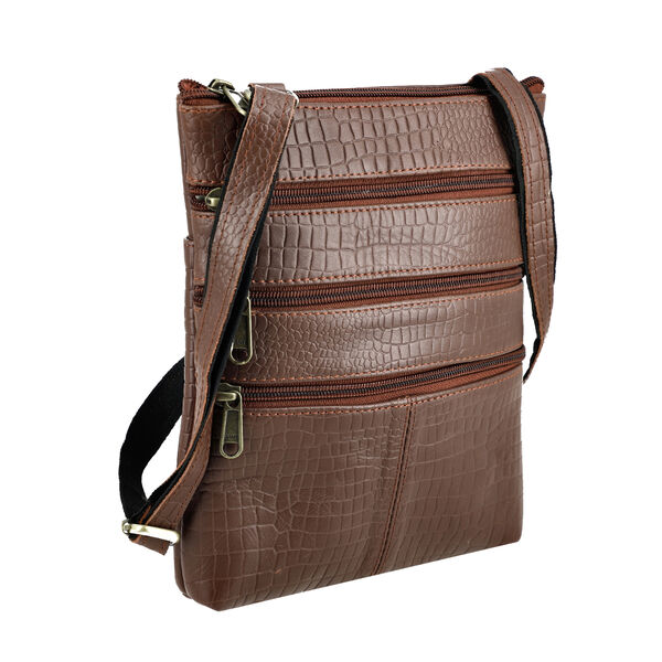Echtleder Crossbody Tasche mit Kroko Prägung, Multi-Fächer, 20 x 24 cm, Cognac image number 6