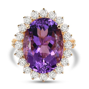 Marokkanischer Amethyst und Zirkon Halo Ring 925 Silber Gelbgold Vermeil (Gr&ouml;&szlig;e 17.00) ca. 15,40 ct