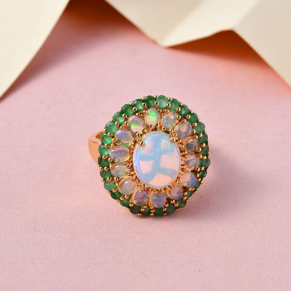 Natürlicher, äthiopischer Welo Opal, und sambischer Smaragd-Ring - 5,24 ct. image number 2