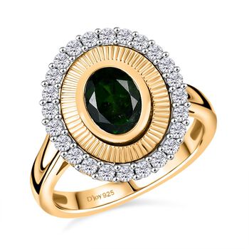 D'Joy Nat&uuml;rlicher Chromdiopsid, Wei&szlig;er Zirkon Ring 925 Silber 750 Gelbgold Vermeil (Gr&ouml;&szlig;e 17.00) ca. 2,11 ct