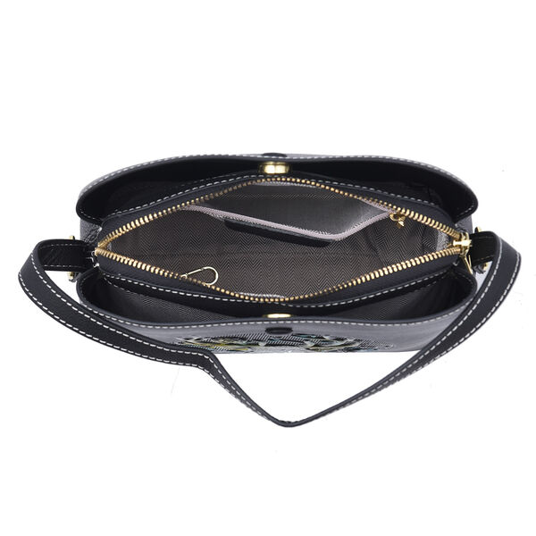 Crossbody Tasche aus echtem Leder, Hirsch Muster, Schwarz image number 7