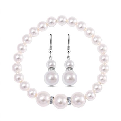 2er Set - Wei&szlig;e Muschelkernperle (8-12 mm) Armband und Ohrringe, Reiner Edelstahl