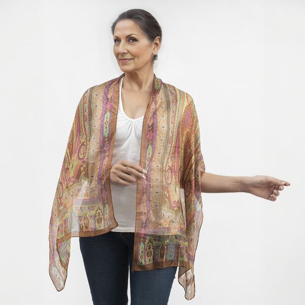 100% Natur Seide, Designer Schal, 50x160 cm, Braun/Pink image number 2