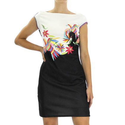 DESIGUAL, Kleid mit kurzen Ärmeln und Blumendruck, Schwarz und Weiß, Größe 38