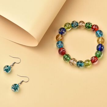 2er Set - Murano-Glasperlen Design, flexibles Armband und Ohrringe, Reiner Edelstahl, Mehrfarbig