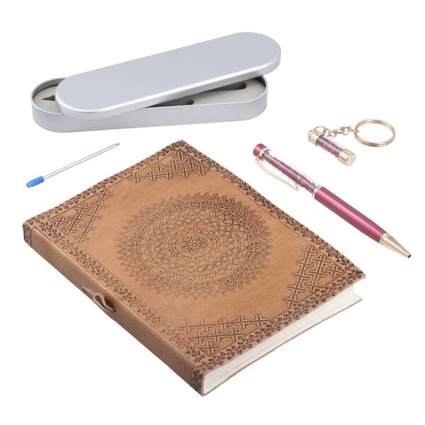 3er Set - Notizbuch mit Einband aus 100% echtem Leder, Kugelschreiber und Schlüsselanhänger gefüllt mit echtem Rubin image number 0