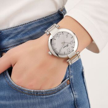 GENOA TIME V2 Uhr mit Japanischem Miyota 2035 Werk, Zifferblatt Silber mit Hydraulik-Design und Wei&szlig;en Kristallen, Edelstahlarmband Silberfarben, 3 ATM wasserdicht