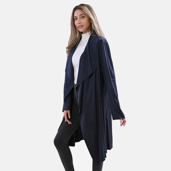 LA MAREY - Kunstwildleder Cardigan mit Wasserfallkragen, Gr&ouml;&szlig;e L, Dunkelblau image number 2