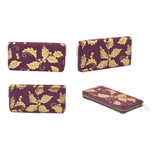 3er-Set Jute Brieftasche, Blattmuster, Gr&ouml;&szlig;e 19,5x3x9,5 cm, Lila und Gold image number 2