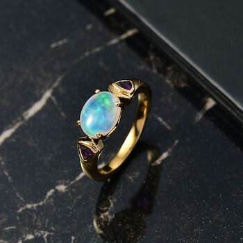 D'Joy AA Nat&uuml;rlicher, &auml;thiopischer Welo Opal, Afrikanischer Amethyst Ring 925 Silber 750 Gelb Vergoldet (Gr&ouml;&szlig;e 17.00) ca. 1.31 ct