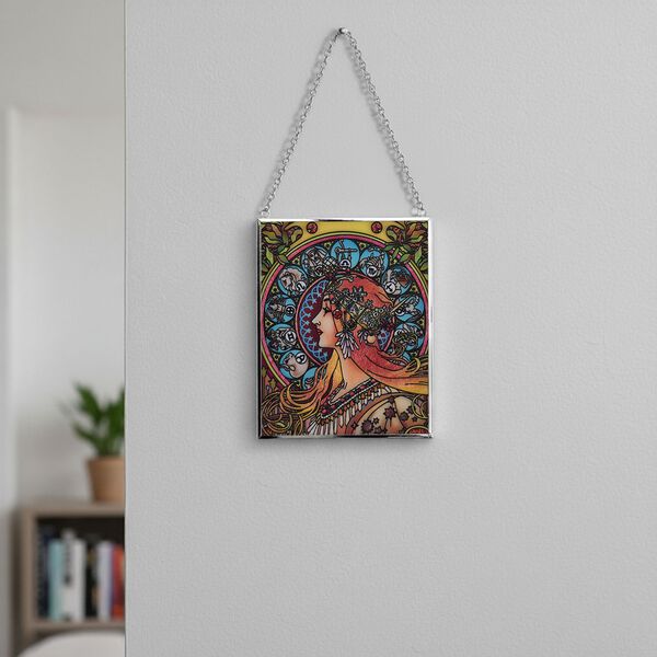 Handbemalter Glas Suncatcher mit Kette, Alphonse Mucha Motiv Zodiac, 12x15 cm
