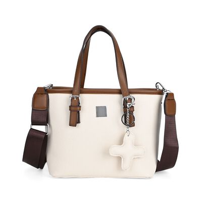 Crossbody Bag - Stilvoll und vielseitig mit gro&szlig;z&uuml;gigem Stauraum und Designer-Anh&auml;nger in Kreuzform, 23x11x19 cm, Beige