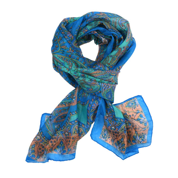 Bedruckter 100% Satin-Seidenschal, 48x160cm, Blau image number 4