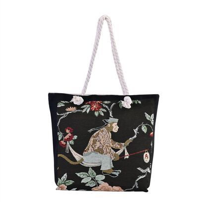 lifestyle-Color:off-white+Green monkey pattern;  Size/Profile:large size tote bag; Wall (exterior):jute,Lining (Interior):polyester  Pockets (exterior):Zipped-1;Pockets (interior):zipped-1;Measurement (inches):42*34*9*37cm,33cm handle drop; Closure Type: