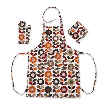 100% Baumwolle K&uuml;chen-Set, Sch&uuml;rze, Handschuh und Topflappen, Blumenwiese, mehrfarbig, 3 teilig