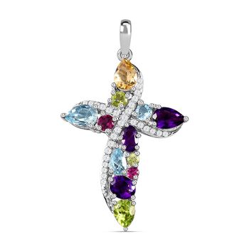 Mehrfarbiger Edelstein Kreuz-Anh&auml;nger, 925 Silber platiniert ca. 3,13 ct