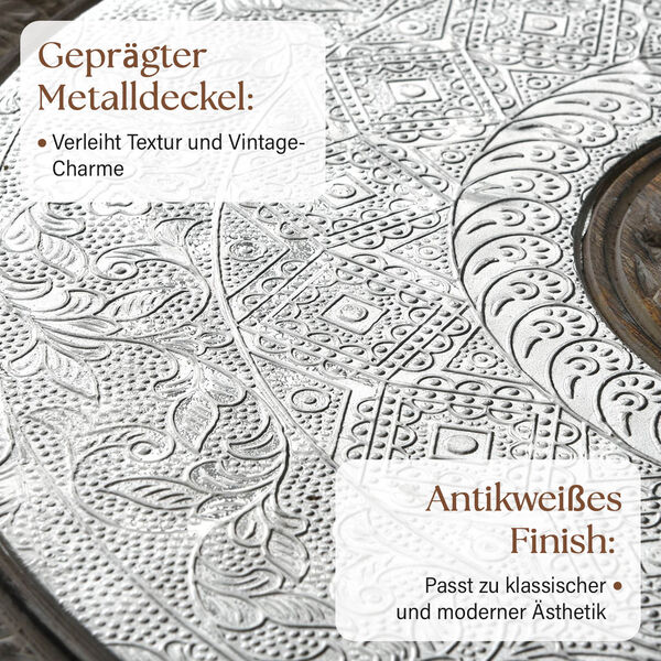 NAKKASHI - handgeschnitzter klappbarer Tisch aus Mangoholz mit handgeprägter Aluminiumplatte, 53x53x53 cm, weiß image number 3