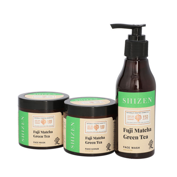 SHIZEN Kombo: Fuji Matcha Gr&uuml;ntee Gesichtsreinigung 150ml, Gesichtspeeling 100g und Gesichtsmaske 100g