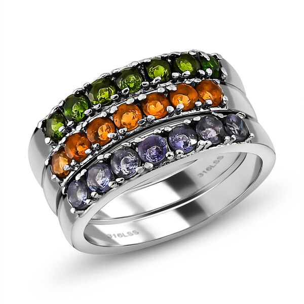 Natürliches Chromdiopsid, Tansanit und Feueropal Ring-Set, Edelstahl ca. 1.45 ct image number 4