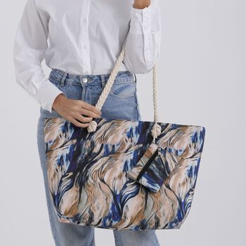 Leopardenmuster Shopper Set 2-teilig Gro&szlig;e Tragetasche 56 x 36 x 16 cm mit Rei&szlig;verschluss Etui 15 x 12 cm, Cremeblau