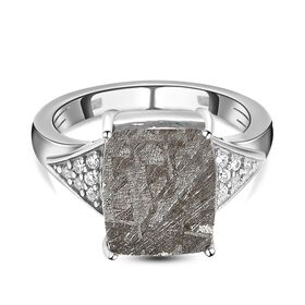 Meteorit und weißer Zirkon-Ring, 925 Silber platiniert (Größe 16.00) ca. 7.68 ct